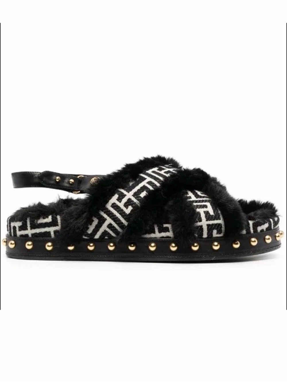 Balmain Black Faux-Fur Logo Crossover Slingback Slides